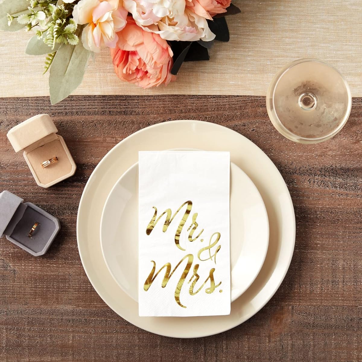 Mr and Mrs Napkins Disposable Wedding Dinner Napkins for Reception Rehearsal Dinner Bridal Shower Engagement Party (Gold Foil and White 3 Ply 4x8 Inch) Pack of 50