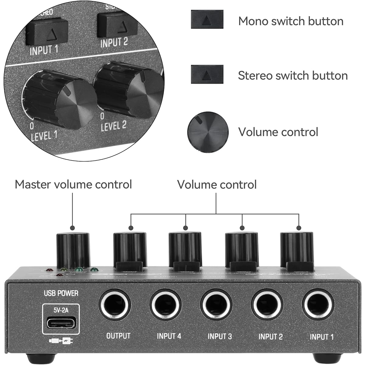 Asmuse 4 Channel Audio Mixer, Low Noise Mini Stereo Line Mixer, DC 5V Power Mixer, Guitar, Microphone, Keyboard Mixer.