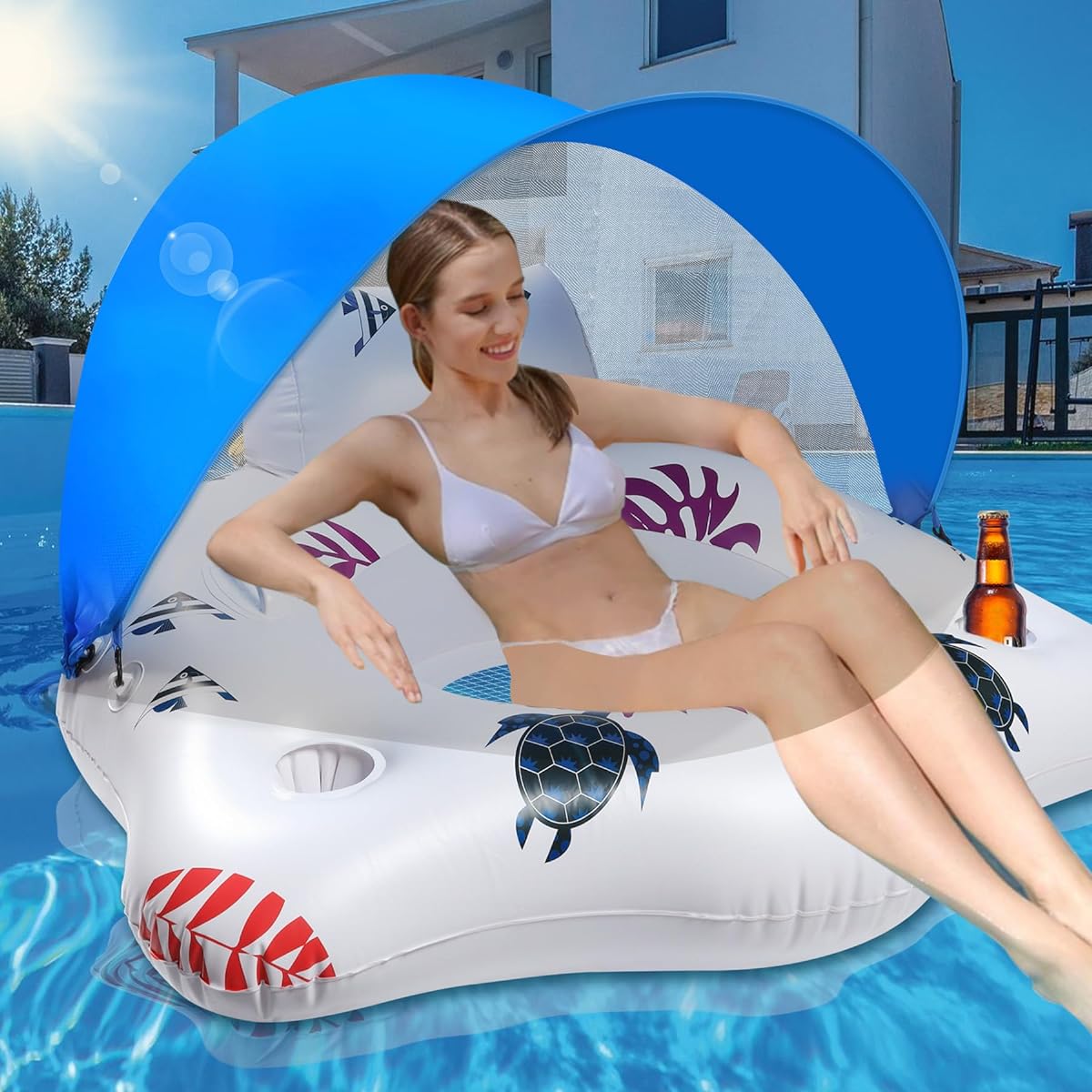 Sinbyuer Inflatable Pool Float for Adults with Canopy Large Pool Float Chair with Cup Holder & Armrest Floating Pool Lounge Water Float for Adults Beach Float for Adults Sea Lake Float Pool Raft