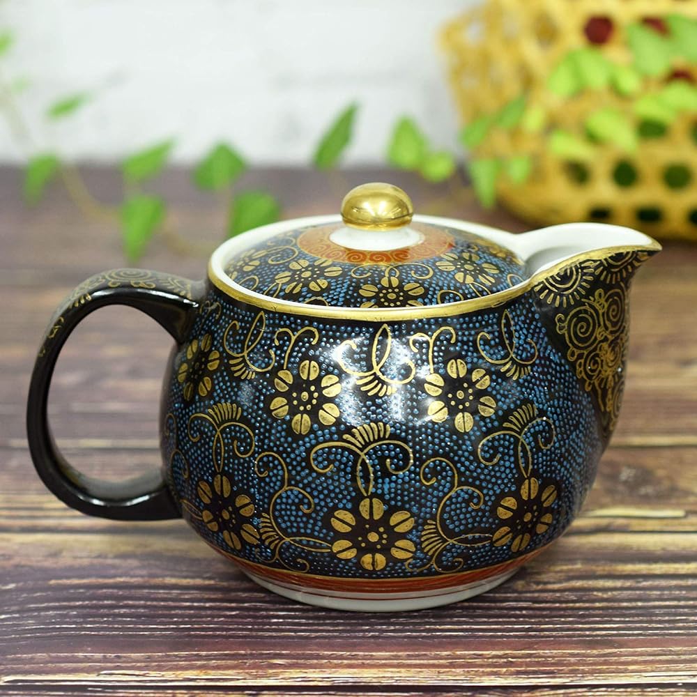 [With easy-to-clean tea strainer net] Kutani ware pot, teapot, blue-grain iron porcelain, Japanese tableware, tea utensils, made in Japan