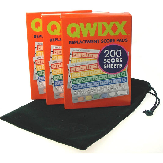 QWIXX Replacement Score Pad Box Set - 600 Score Sheets - Score Sheets (Score Cards) Hickoryville Forest Green Velour Storage Bag