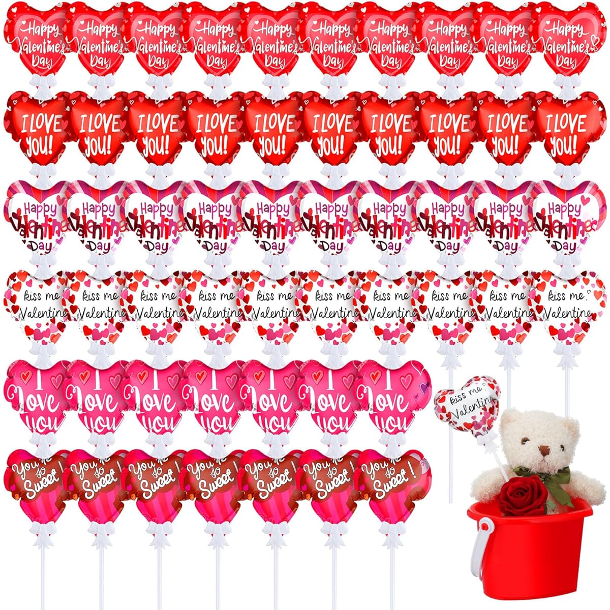 Gemscream 60pcs 4" Valentine's Day I Love You Balloons Self Inflating Valentine Heart Balloons Auto Inflate Mini Foil Balloons with Sticks for Wedding Engagement Bachelorette Birthday Party