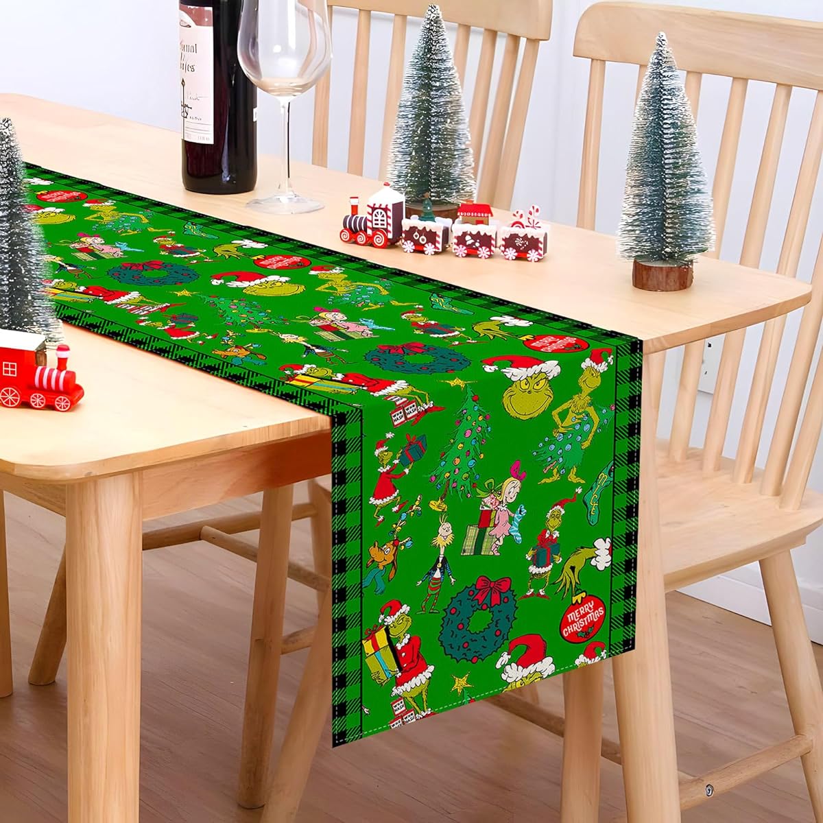 Nepnuser Mary Grinchmas Table Runner Buffalo Check Plaid Hoyvil Christmas Winter Holiday Party Decorations for Home Kitchen Dining Room Decor (Black and Green 13" x 72")
