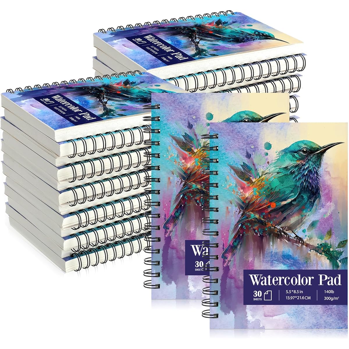 Jetec 12 Sheets 5.5 x 8.5 Inch Watercolor Paper Pad 140lb 300gsm Watercolor Pad Art Supply Acid Free Paper 30 Sheets Each Spiral Bound for Paint Pencil Ink Charcoal Pastel Acrylic Wet Dry Media Artists