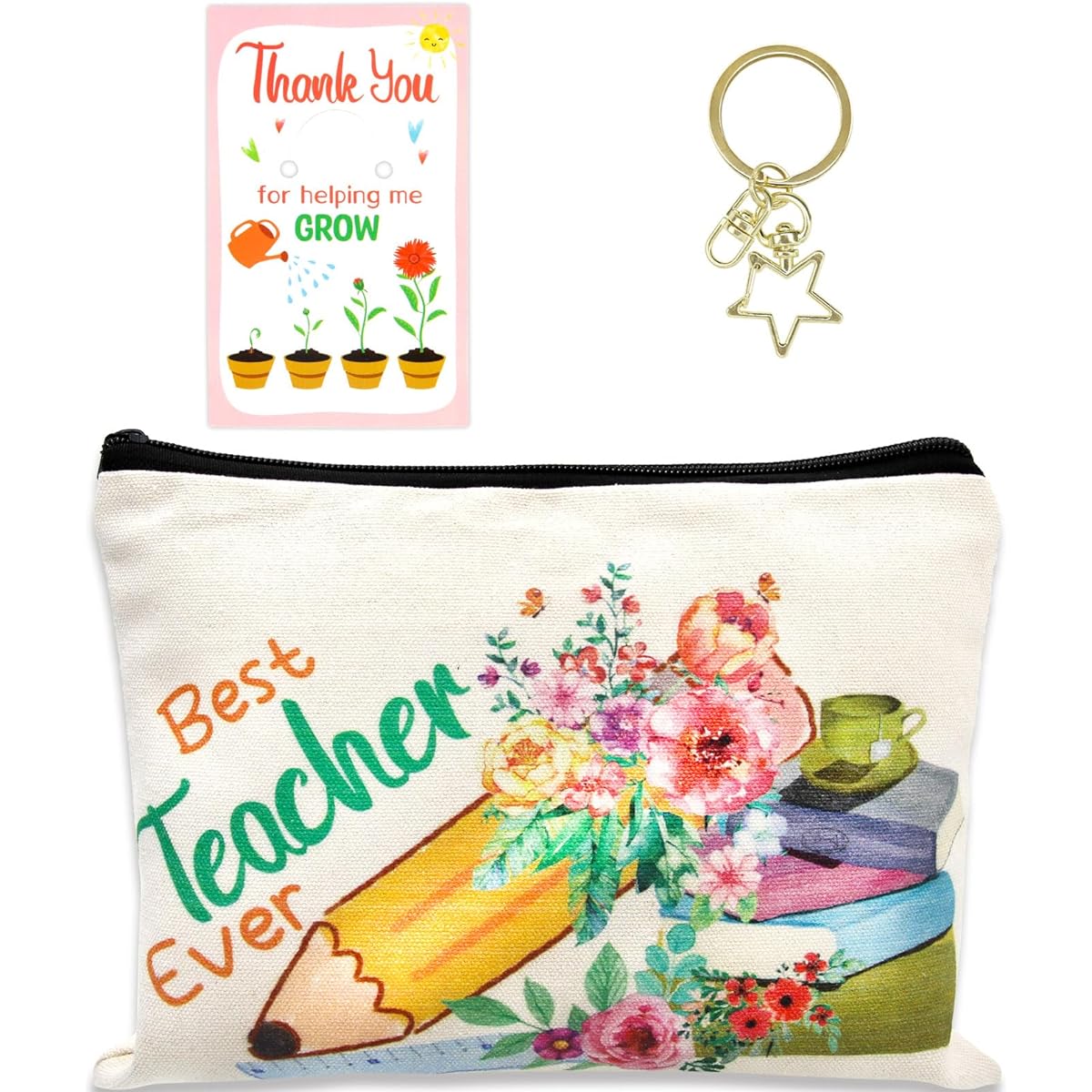 WorldBazaar Teacher Appreciation Gift Set 12pcs Teacher Appreciation Gifts Teacher Gifts Teacher Gift Kit Bag Makeup Pouch Pencil Bag Teacher Blessing Card Keychain Cosmetic Bag Kit Teacher's Day