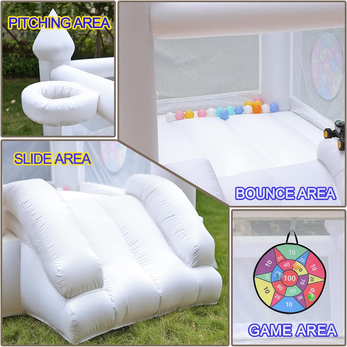 White Bounce House with Blower, Inflatable Trampoline for Kids, Bounce House with Slide, Basketball Hoop, Target Ball, Durable and Easy to Install, Perfect for Kids Birthday