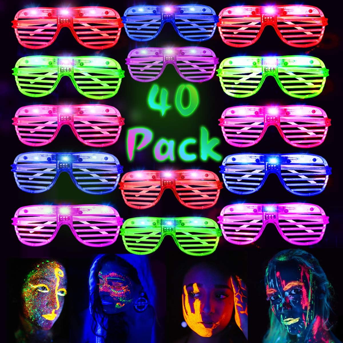 HWG 40 Pack LED Party Light Up Glasses, 5 Colors Light Up Shutter Shades Glow in the Dark for Rave Parties Classroom Events Carnival Halloween Birthday Party Favors for Adults Kids Blue HWG-LED Glasses-40 Packs
