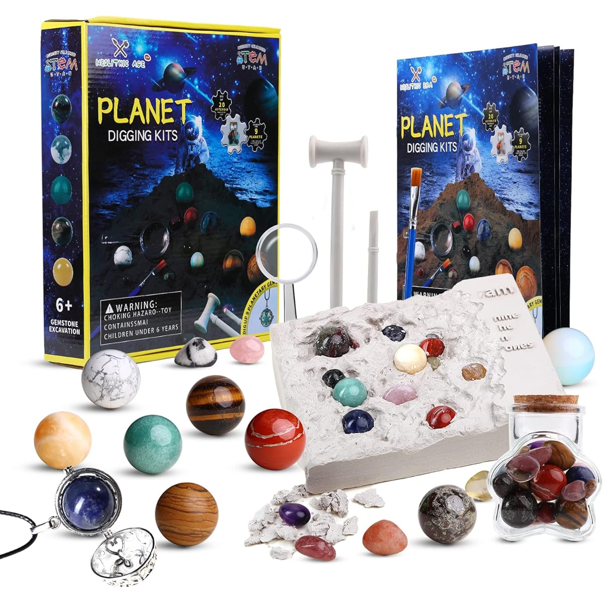 NEOLITHIC AGE Solar System Gemstone Mining Kit 9 Gemstone Planets - 20 Natural Crystal Stones Unique Digging Kit - Boys and Girls Collect Solar System with Gems