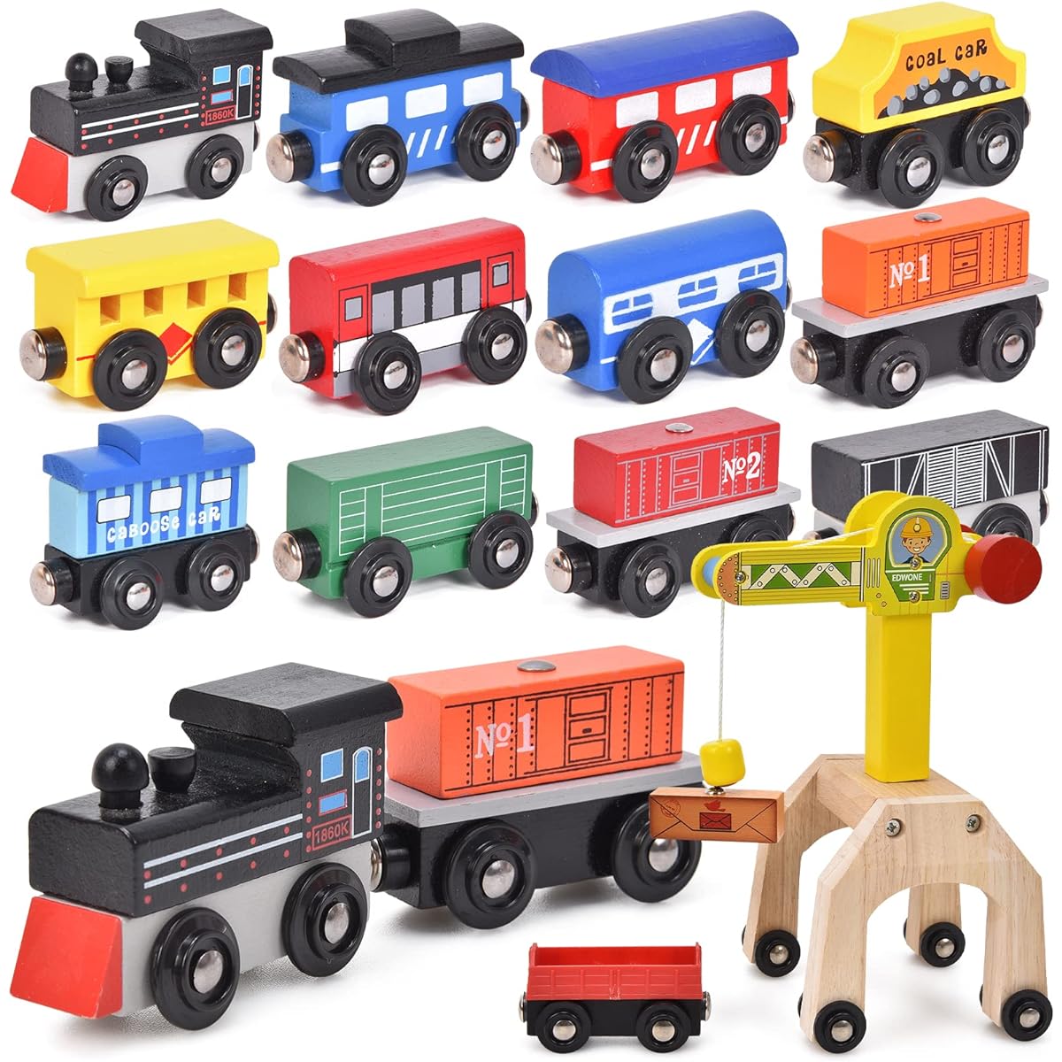 Atoylink Wooden Train Set for Toddlers, Magnetic Train Toy with Crane Locomotive Tank Engine for Kids Boys Girls Train Tracks