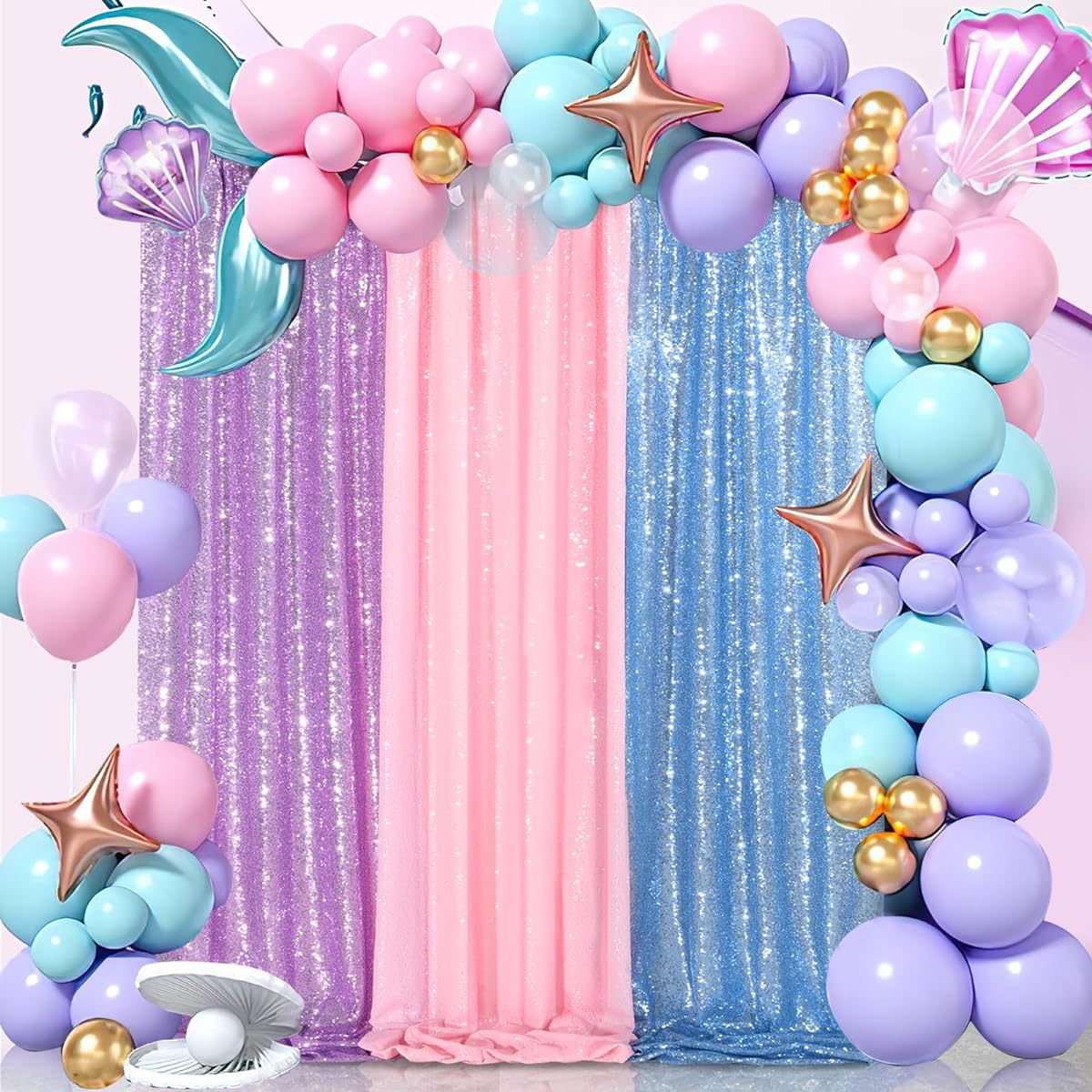 4 Pieces Baby Blue Christmas Backdrop Curtains 2ftx8ft Sequin Photography Background Curtains for Party Decorations