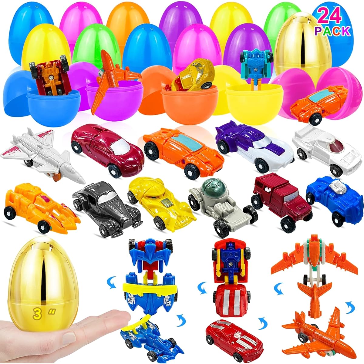 [1 Gold Egg] 24 Pack Easter Eggs Transforming Car Robot Toys 24 Easter Eggs + 24 Easter Eggs for Kids Easter Basket Stuffers Plastic Easter Eggs for Boys 24 Vehicles Easter Egg Hunt
