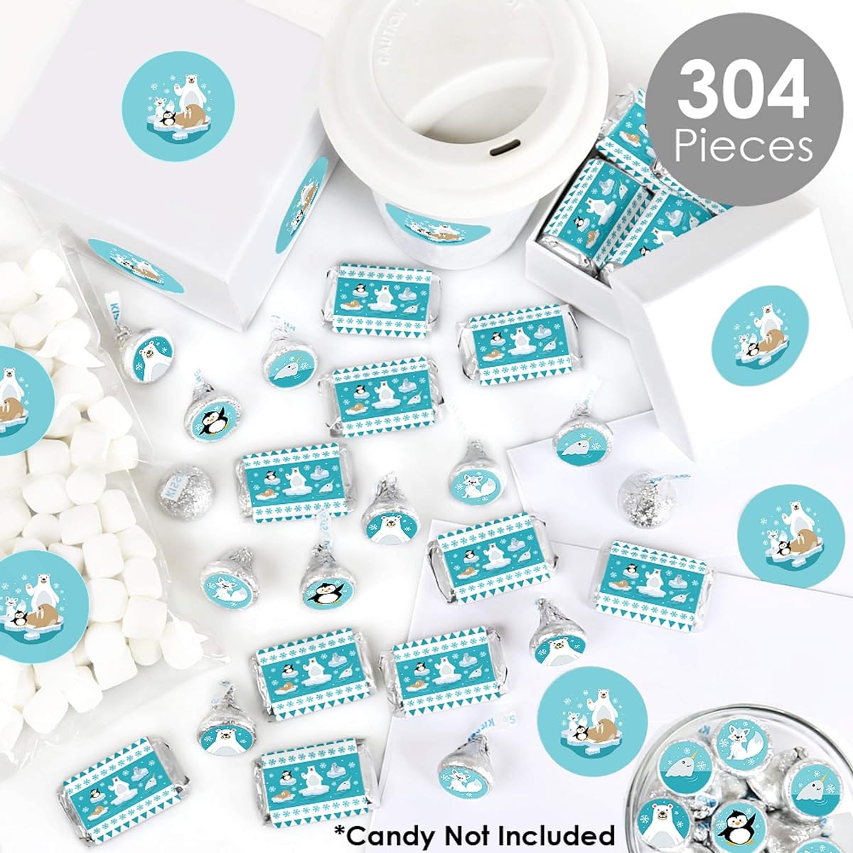 Big Dot of Happiness Arctic Animals - Mini Candy Bar Wrappers, Round Candy Stickers and Circle Stickers - Winter Baby Shower or Birthday Party Candy Favors Sticker Kit - 304 Pieces