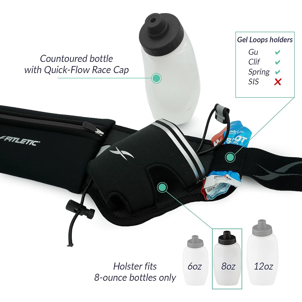 FITLETIC Hydra 16 Running Waist Pouch Waterproof Neoprene Material Compatible with iPhone6sPlus Size Includes 2 8oz Bottles Includes Bib Holder HD-08 BLK S/M