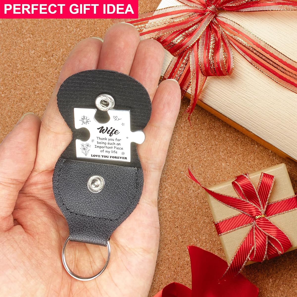FTONENI Pocket Token Gifts for Wife, Wedding, Anniversary, Birthday, Christmas, Romantic, Long Distance Relationship, Thank You Gifts from Husband, Puzzle Pieces, Keepsake, with PU Leather Keychain - PTA17, Silver, Standard