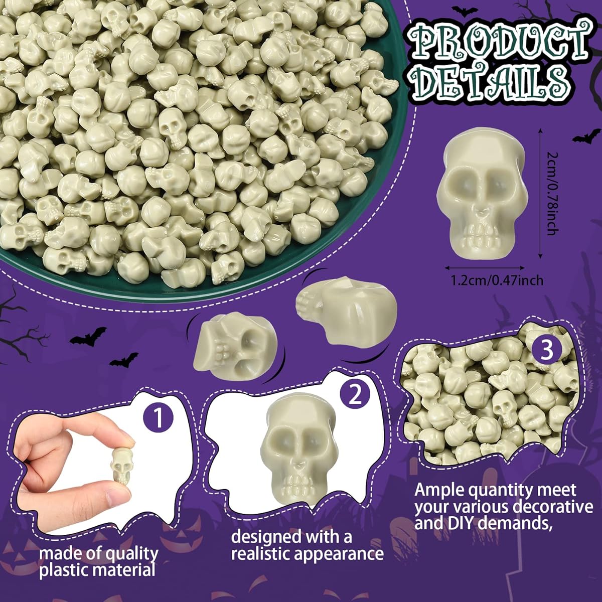 500 Pieces Halloween Mini Plastic Skull Figurines Miniature Small Skull Halloween Decoration Skull Model Desktop Ornament DIY Halloween Craft Bar Home Trick Toy