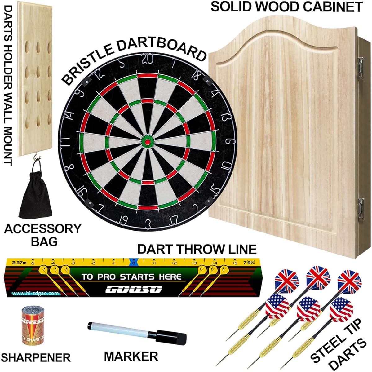 Dartboard Cabinet Set 18" Bristle Dartboard Dart Holder Wall Mount Dart Throw Line Ready to Play Bundle Steel Tip Dart Set