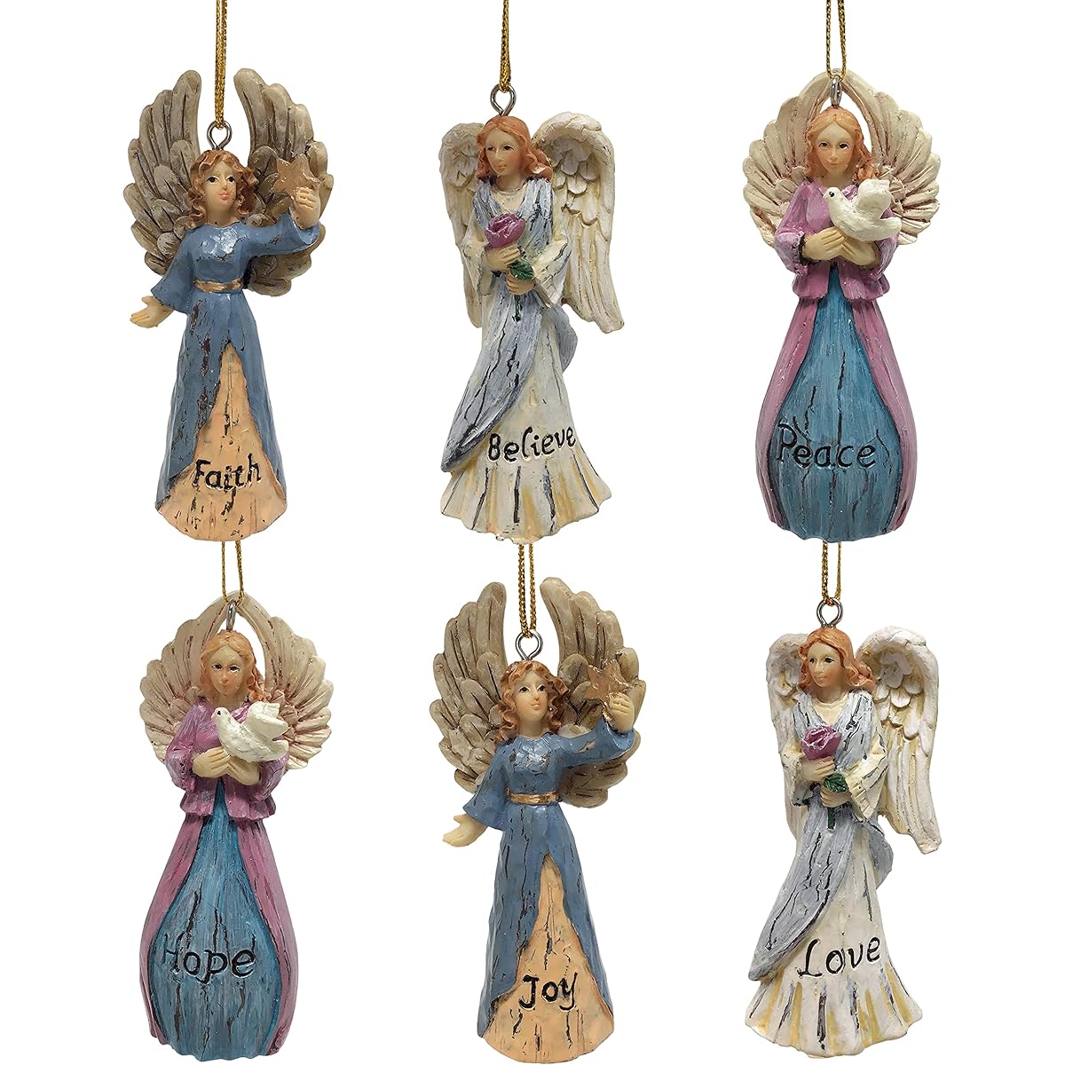 Set of 6 Angel Christmas Tree Ornaments - Angel Theme Christmas Decorations - 6 Different Designs - Faith Believe Hope Love Joy Peace