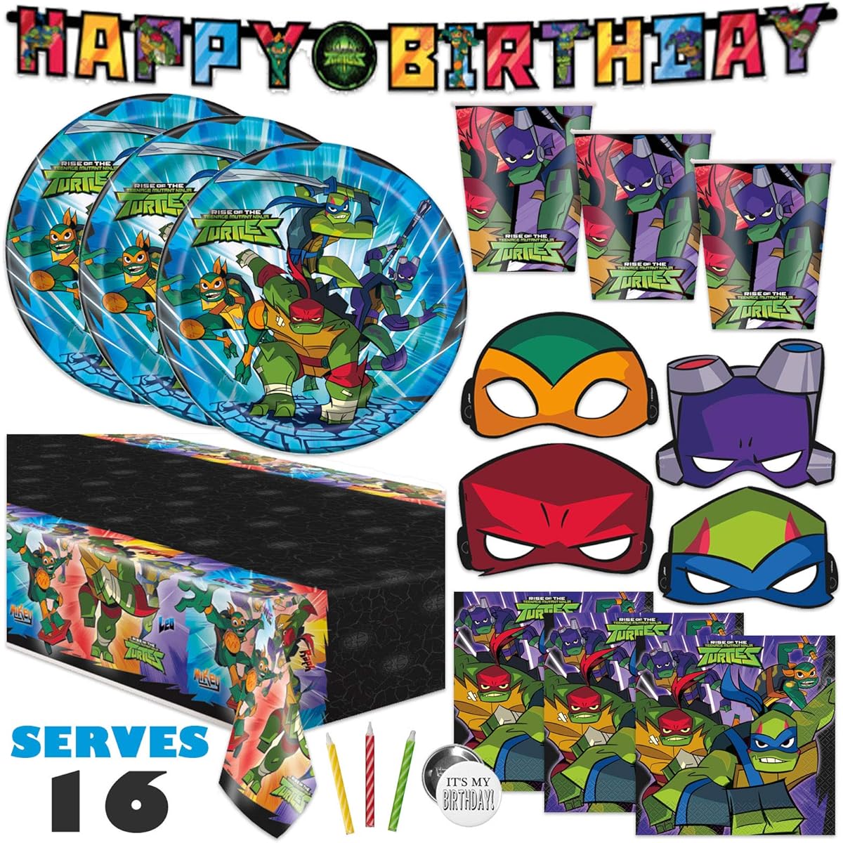 TMNT Teenage Mutant Ninja Turtles Themed Birthday Party Supplies Set for 16 Guests Includes Banner Decorations, Table Cover, Plates, Cups, Napkins, Character Masks, Buttons, Tattoos