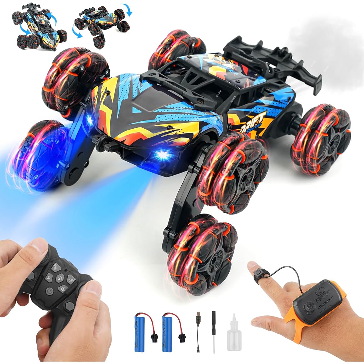 Kannino Remote Control Car 2.4GHz 6WD RC Stunt Car with Gesture Sensing 360 Degree Rotation Electric Car with Lights & Spray Mist 1:24 Remote Control Truck Remote Control Drift Car Toy Gift for Kids