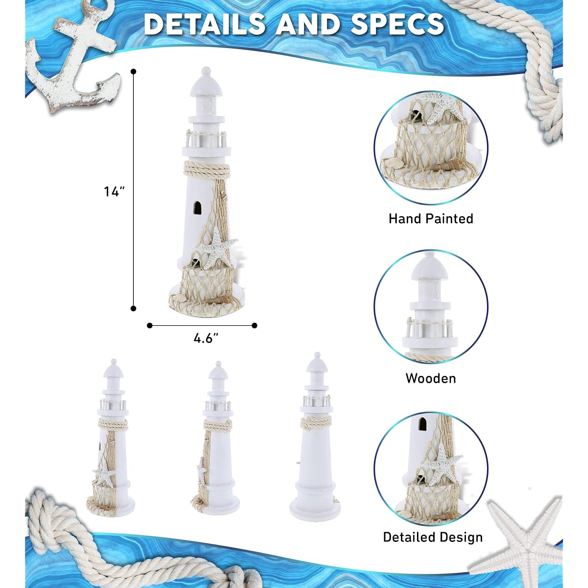 Puzzled COTA Global White Lighthouse Decor - Handcrafted and Crafted Wooden Lighthouse Decor Starfish Beach Style Tabletop Centerpiece Home Decor - 14"