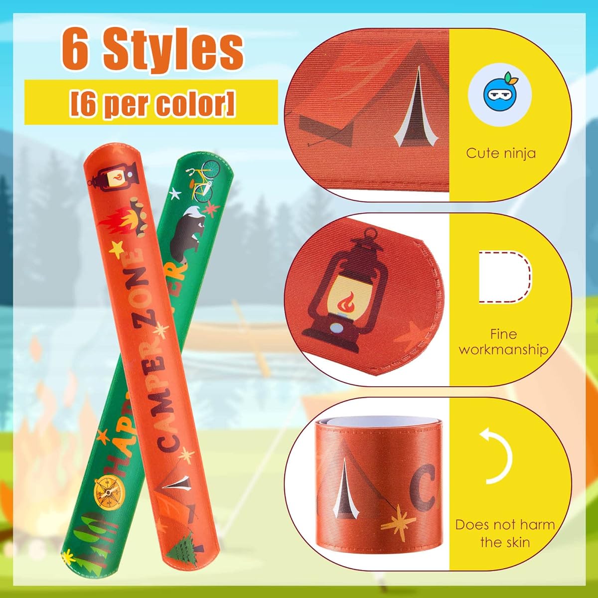 36pcs Camping Slap Bracelets Bulk Happy Camper Snap Bracelets Camping Party Favors Kids Wristbands Cool Classroom Favors Happy Camper Decoration Adventure Camp Birthday Decoration Gift Supplies
