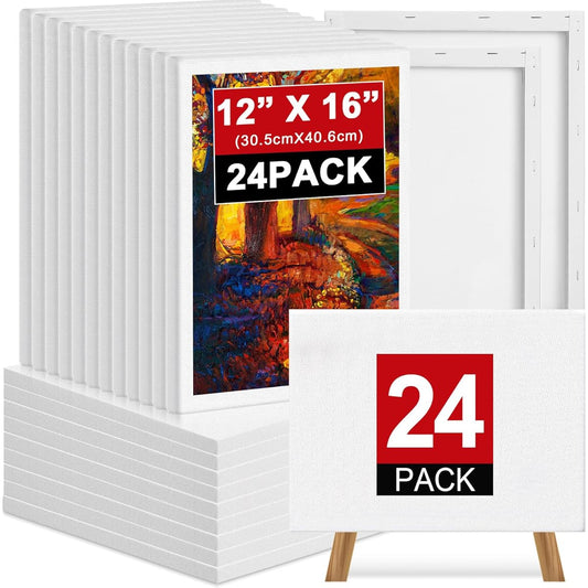 Ireer 24 Pieces Stretched Canvas Bulk, 12 x 16 Inch White Canvas for Painting Cotton Blank Canvas Board for Kids Art Supplies Panels for Oil, Acrylic, Watercolor Painting