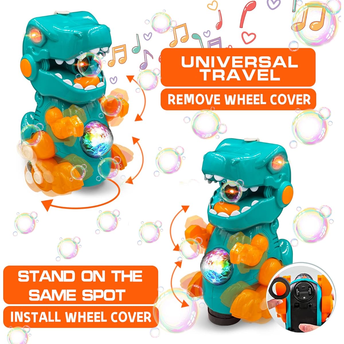 amireed Dinosaur Bubble Machine Bath Bubble Machine with 3 Bubble Solutions LED Light and Music for Boys Girls (Green)