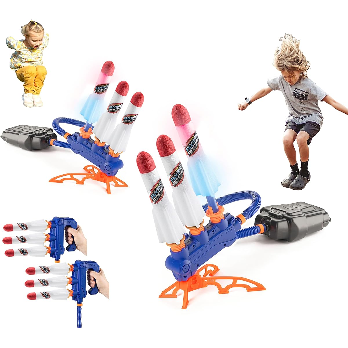 Bounce Rocket Launcher for 2 Players, Adjustable 2-in-1 Jump Rocket Set with Sturdy Launch Pad and 4 LED Rockets, Fly Up to 150 Feet, Fun Outdoor Toy for Kids