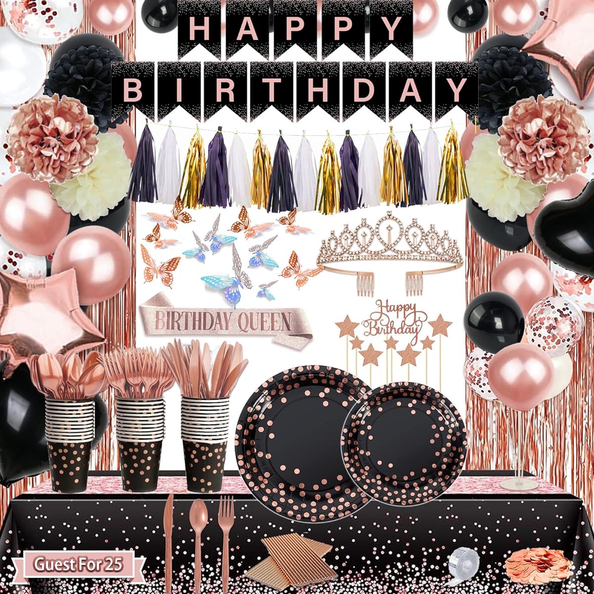 Guudmua 295 Pieces Black & Rose Gold Birthday Decorations