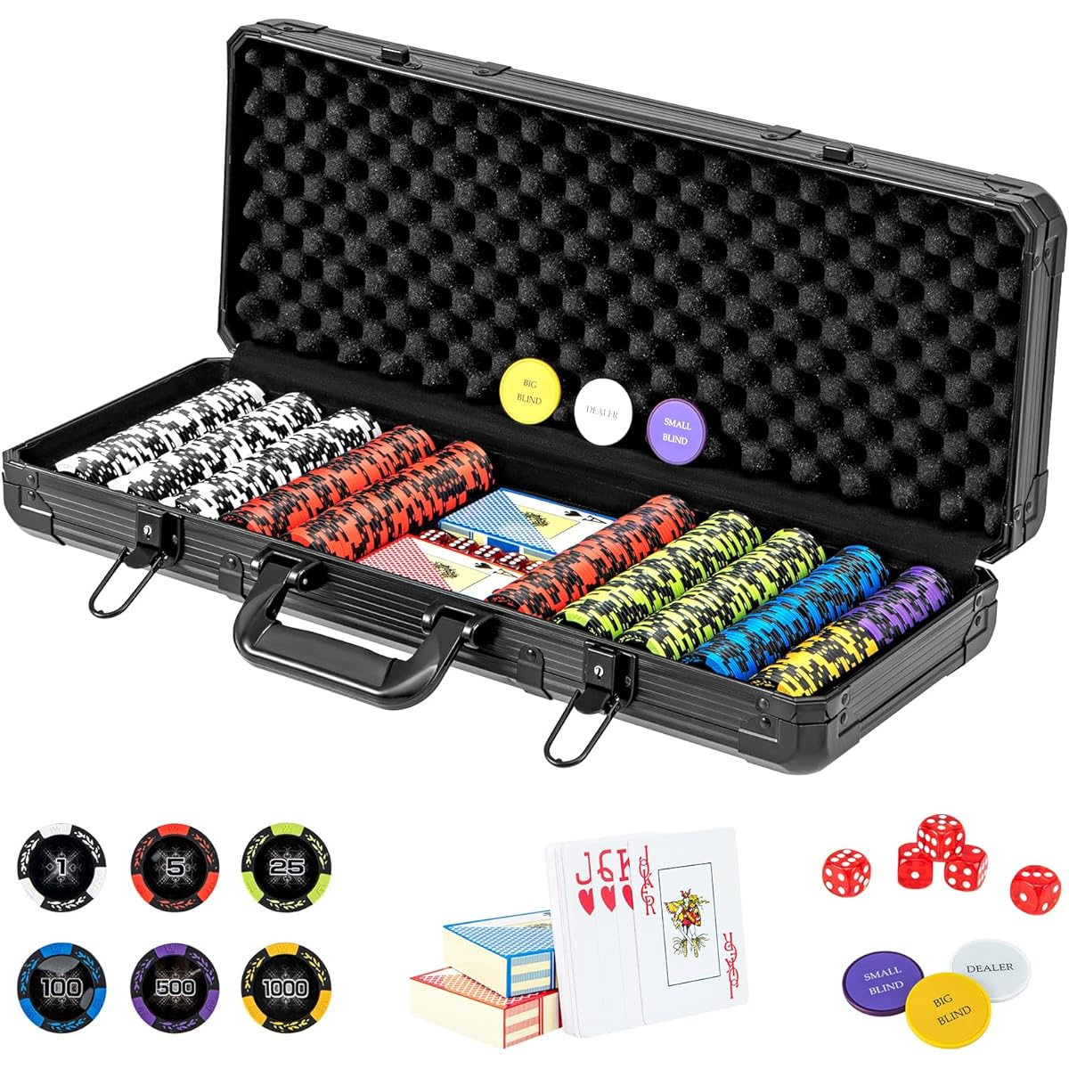 GYMAX Poker Set, 300 Numbered Chips, Weight 14g, Includes Plastic Playing Cards, Poker Chips, Casino Chips, Table Games, Casino Set, Black Case