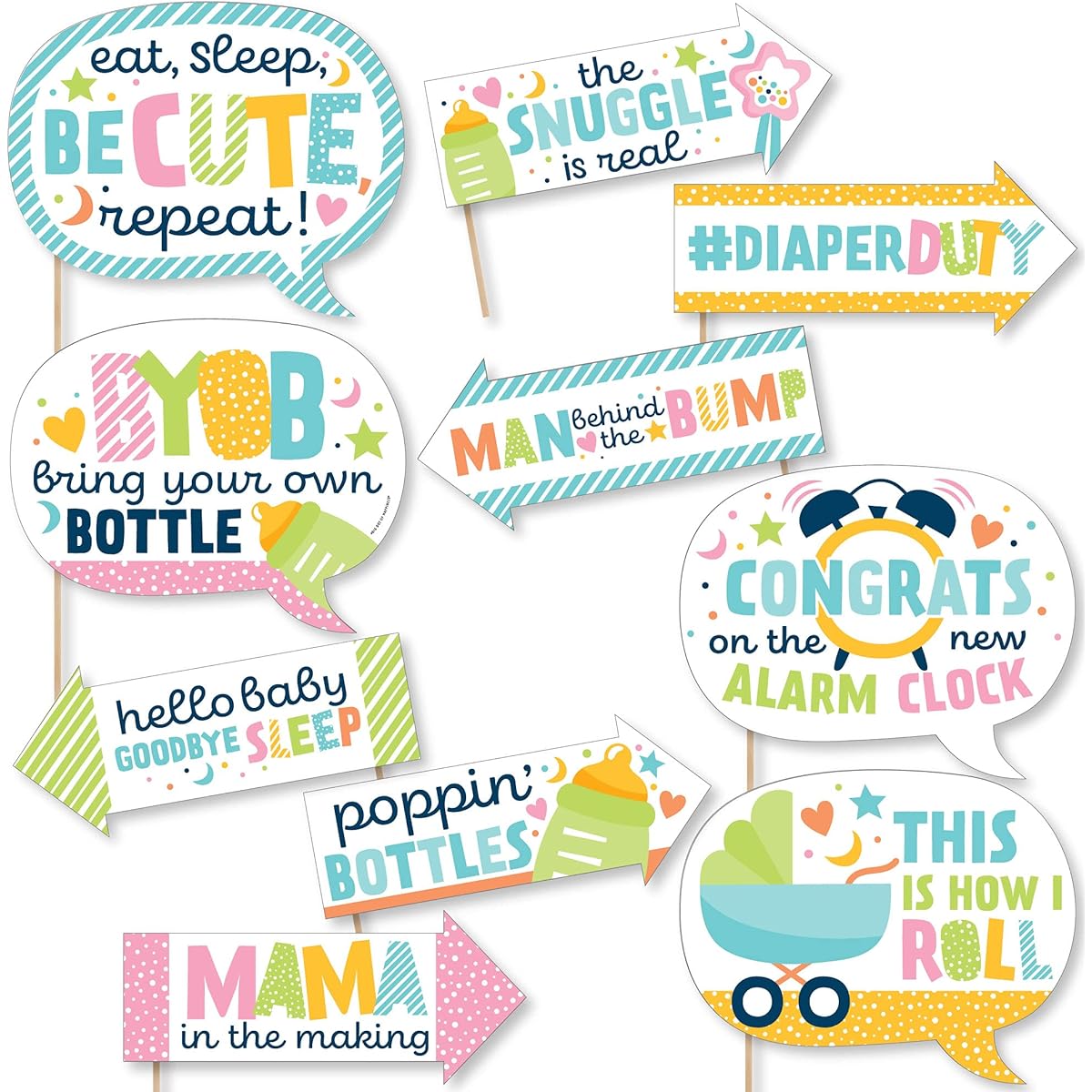 Big Dot of Happiness Funny Colorful Baby Shower - Gender Neutral Party Photo Booth Props Kit - 10 Pieces
