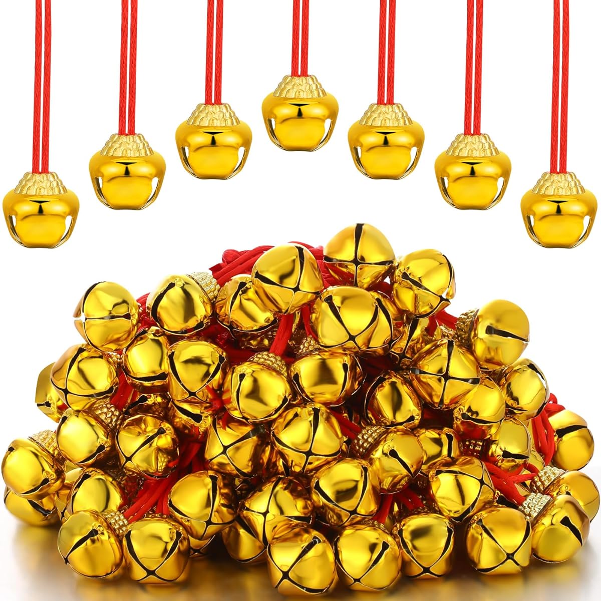 Christmas Bell Necklaces, Large Jingle Gold Bell Necklaces for Craft Holiday Party Supplies (Pack of 150)