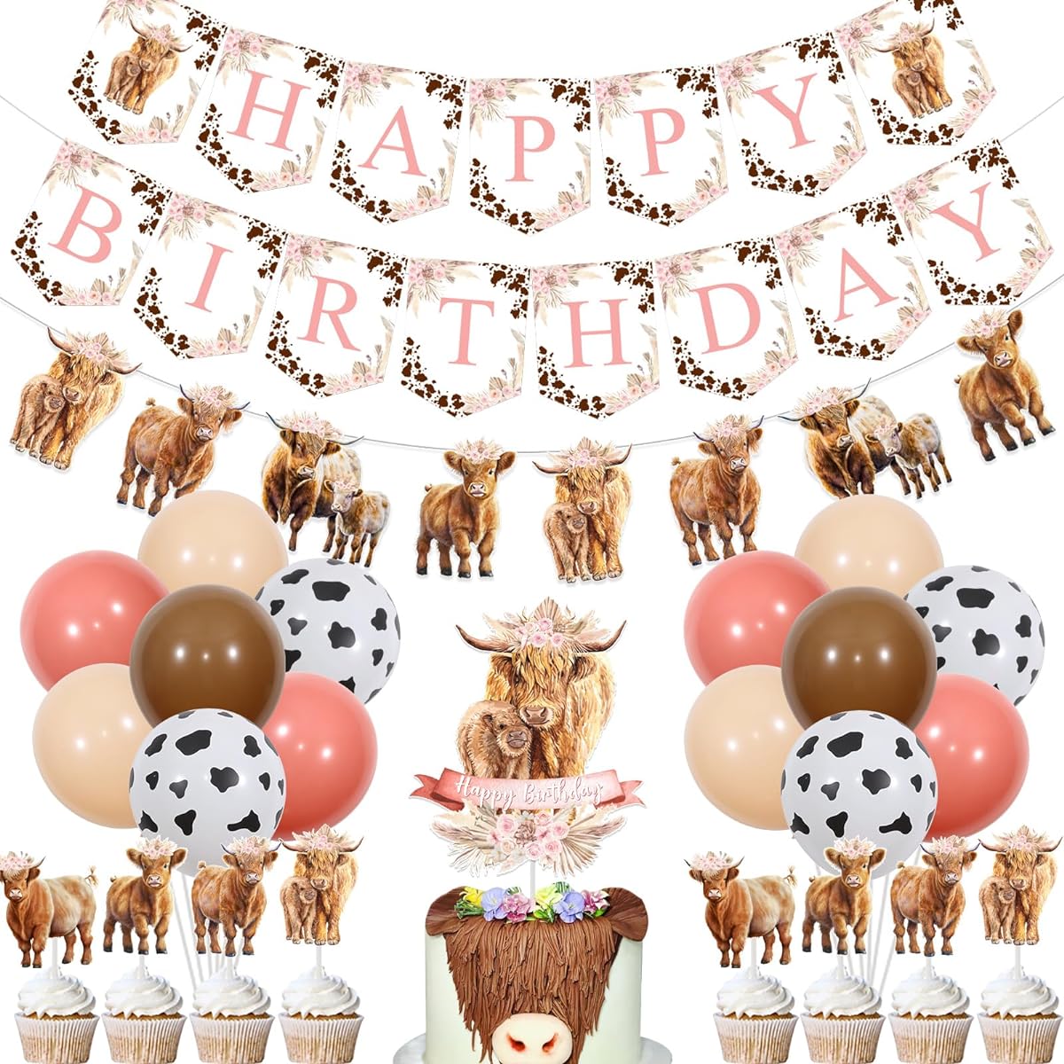 Highland Cow Birthday Decorations Girl Boho Retro Floral Highland Cow Party Supplies - Happy Birthday Banner, Highland Cow Cigarette Garland Cake Topper, Balloons for Farm Animals Holy Cow Party Decorations