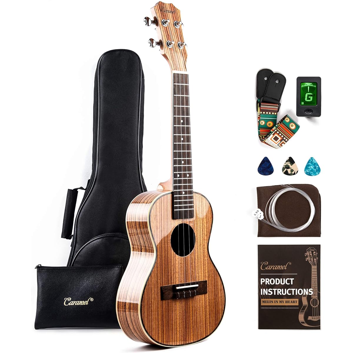 Caramel 23" CC103A Zebra Wood High Gloss Concert Ukulele Beginner Professional Ukulele Ukalary Gig Bag Strap Kit