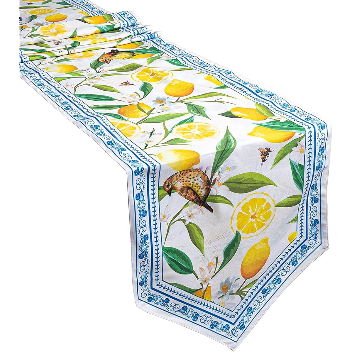 Lemon Table Runner 90 Inch Long Waterproof Dining Table Decoration for Home Party Kitchen Coffee Yellow Print Birds Bees Spring
