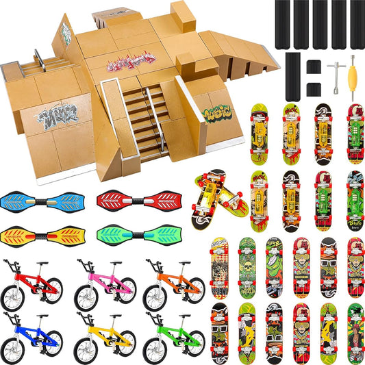 HyDren 62 Pieces Skate Park Kit Fingerboard Skatepark Finger Skateboard Deck Ramp Set with Mini Fingerboards LED Toys Bike Caster Board Accessories for Training Gift