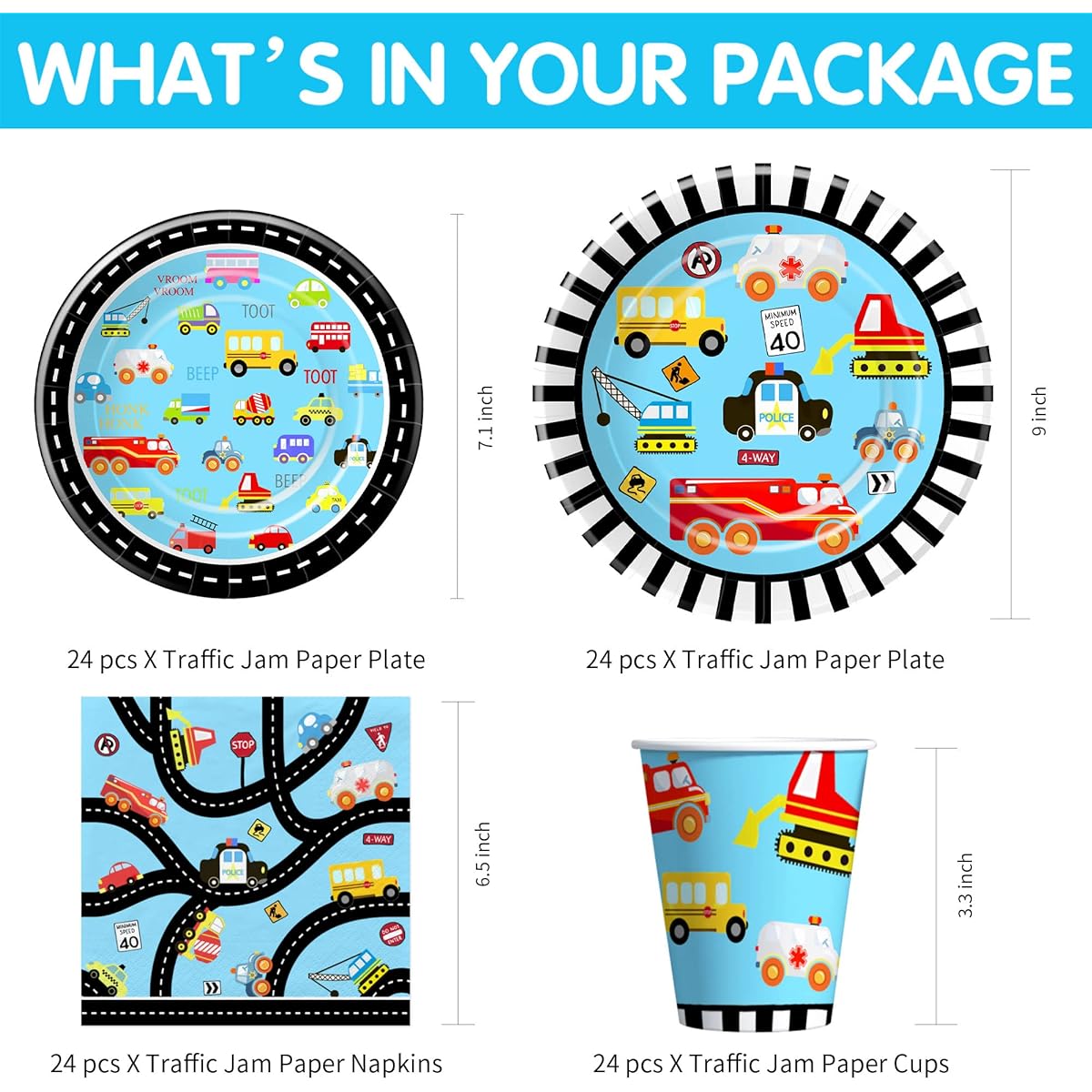 Xigejob Traffic Jam Car Truck Transportation Birthday Party Supplies Tableware Plates Cups Napkins Table Cloth Cutlery Straws Construction Transport Vehicle Party Decoration Tableware | Serve 24
