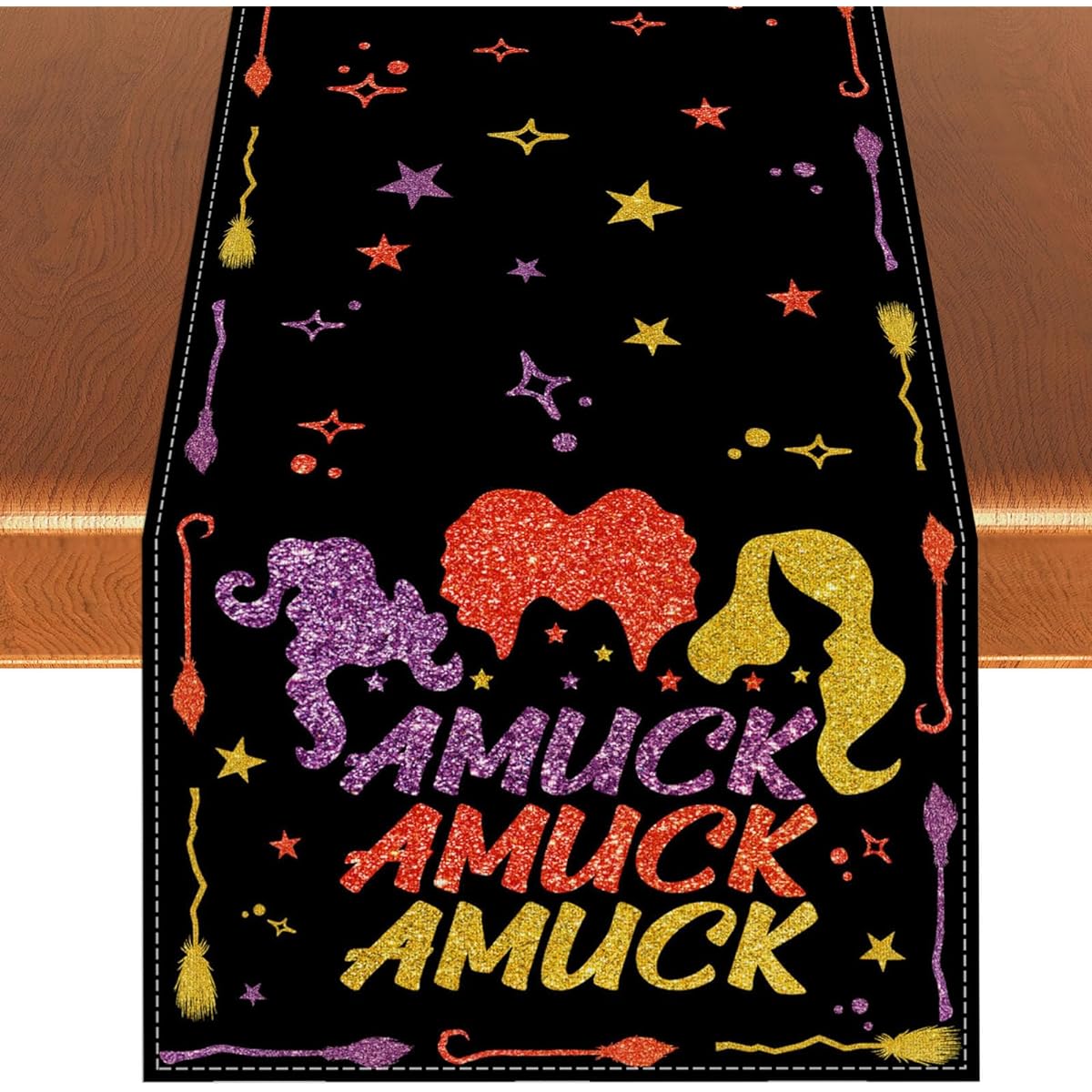 Rvsticty Linen Halloween Table Runner Hocus Pocus Tablecloth Black Halloween Sanderson Sisters Amook Home Table Decor - 13 x 72 Inches