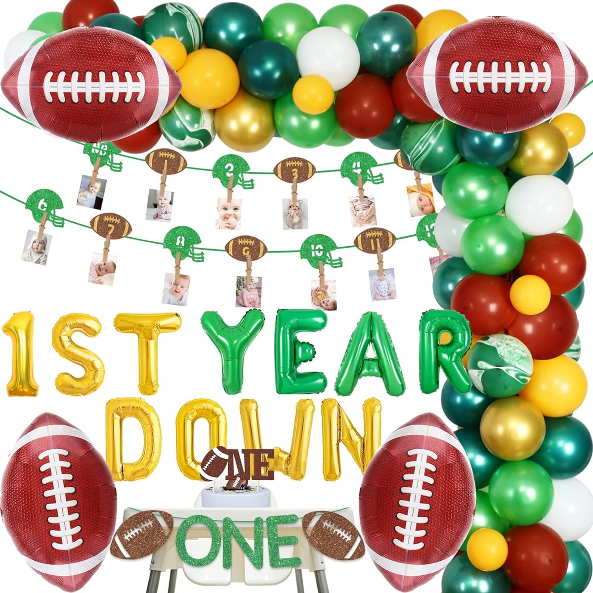 Football 1st Birthday Decorations - 1st Birthday Decorations Balloon Garland with Football Balloons, Football Monthly Photo Banner, Highchair Banner and Cake Topper for Boy's First Birthday