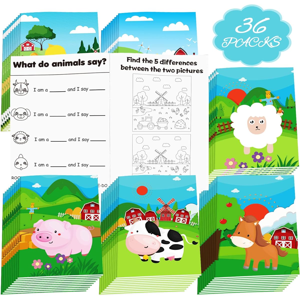 Farm Animals Mini Activity Books for Kids DIY Game Book Set with Cow, Pig, Chicken, Duck, Sheep Mini Coloring Books for Party Favors, Goodie Bag Stuffers, Classroom, Back to School Supplies, 36 Books