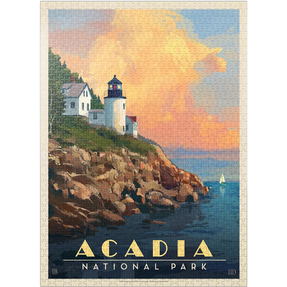 Acadia National Park: Lighthouse, Vintage Poster - Premium 1000 Piece Jigsaw Puzzle for Adults