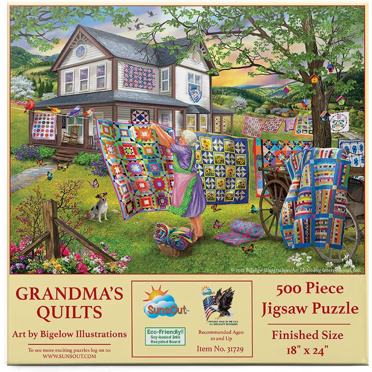 SUNSOUT INC - Grandma's Quilts - 500 Piece Jigsaw Puzzle Artist: Bigelow Illustrations - Finished Size 18" x 24" - MPN# 31729