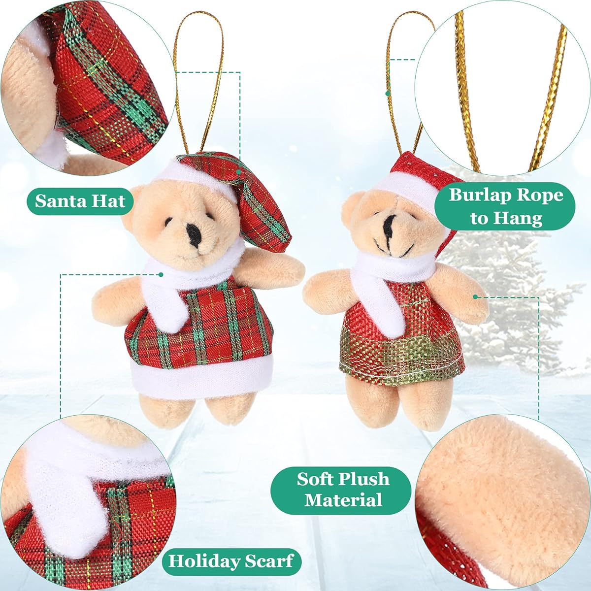 28pcs 3inch Christmas Joint Mini Bear Stuffed Animals Small Bear Dolls for Christmas Tree Decorations Christmas Stockings Birthday Cake Wedding Valentine's Party Favors Keychain