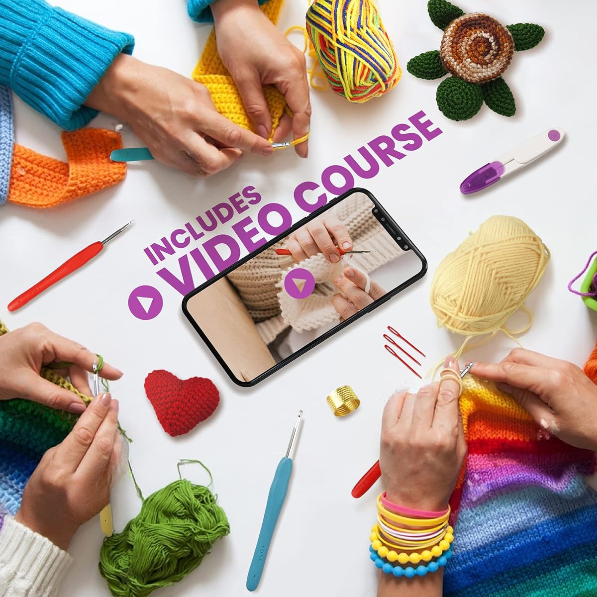 MODDA Crochet Kit for Beginners, Video Course, 20 Color Yarns, Needles, Hooks, Accessories Kit, Canvas Tote Bag, Crochet Starter Kit for Women, Adults, Kids, Knitting Kit