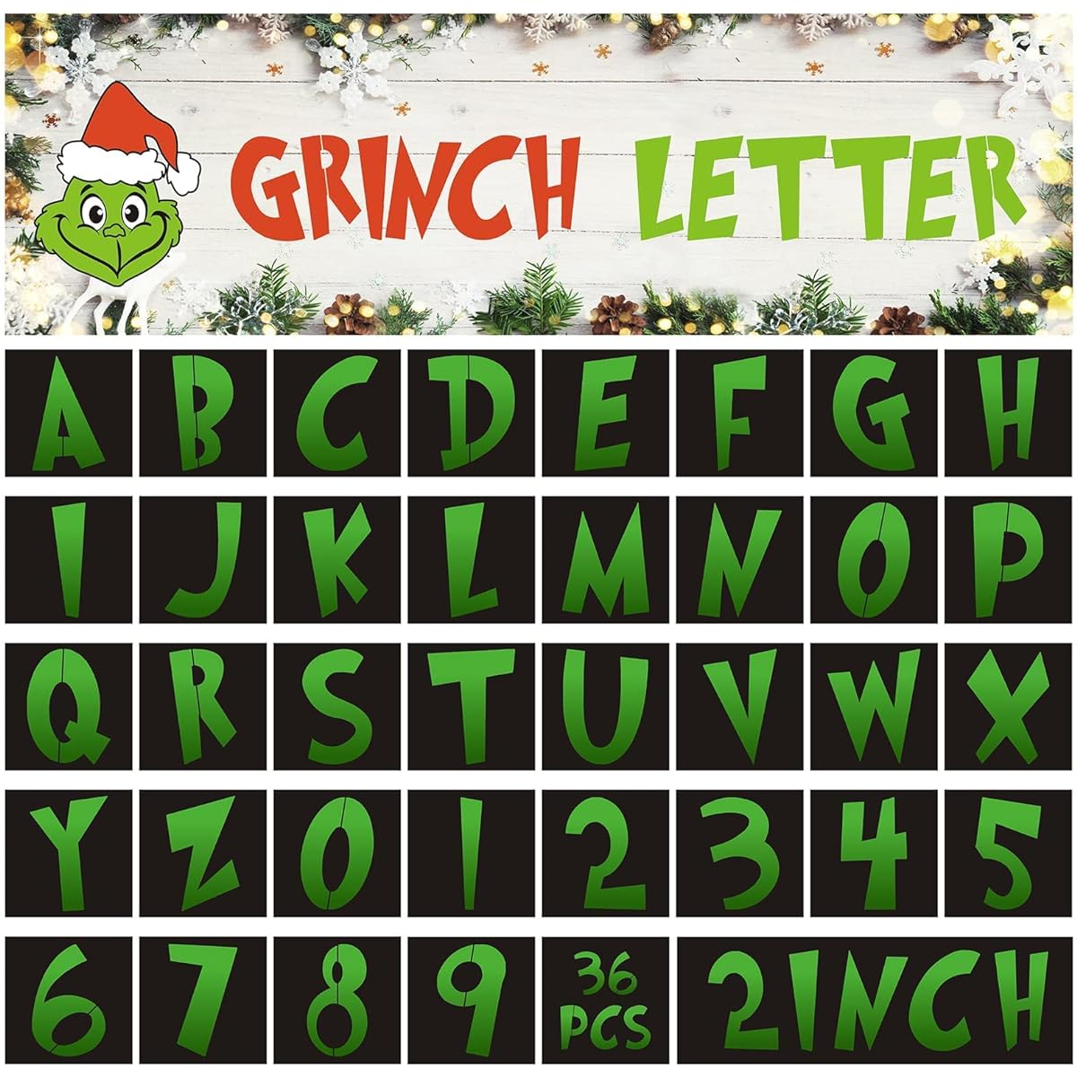 36 Pieces Christmas Grinch Alphabet Stencils - Reusable Grinch Letters Numbers Stencils Templates for Christmas Holiday Wood Wall Fabric Chalkboard Signs DIY Art Projects Decor (6 inch)