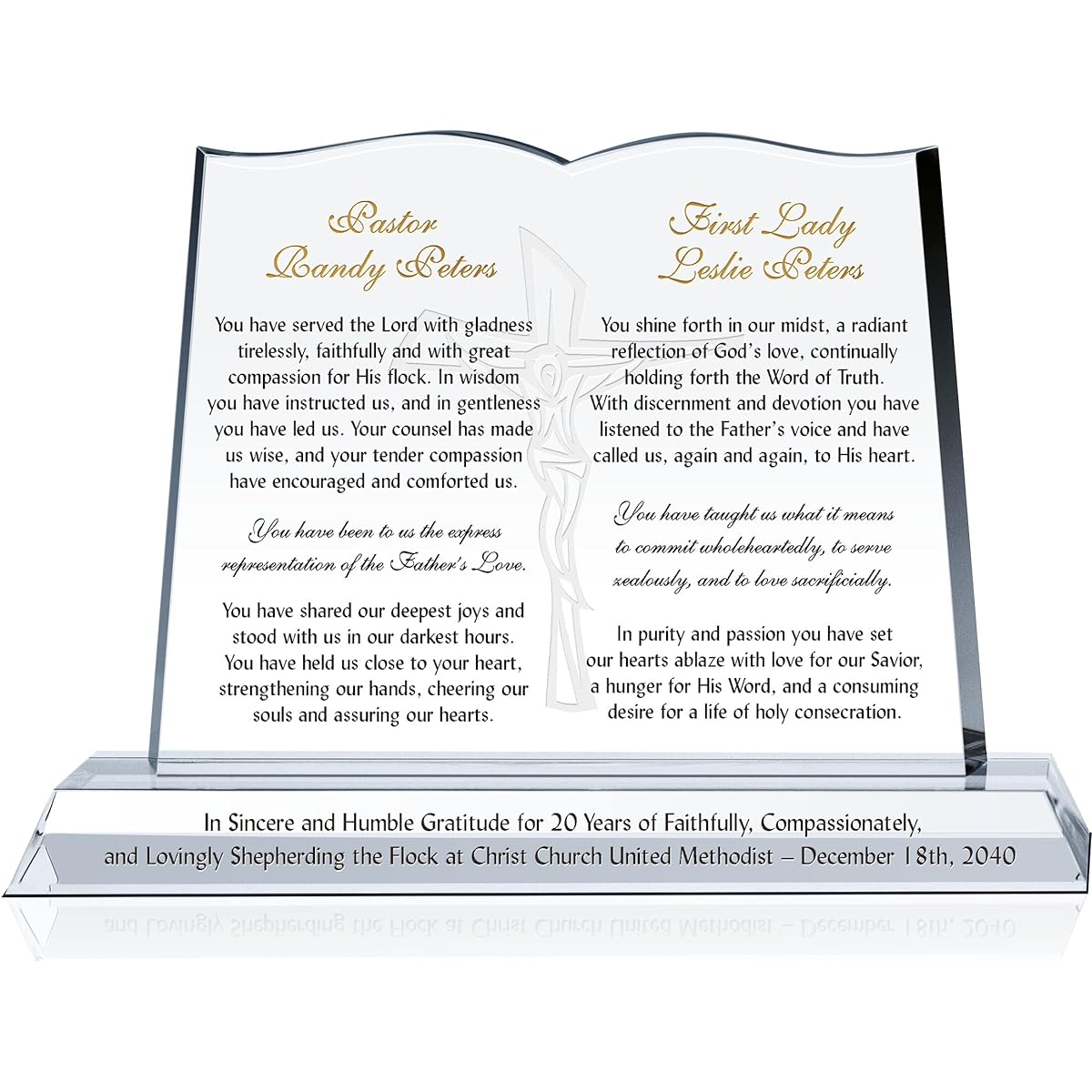 Custom Crystal Bible Pastor and Wife Plaque, Personalized with Pastor and Wife Names, Unique Appreciation Gift for Pastor and First Lady (Large - 12 Inch)