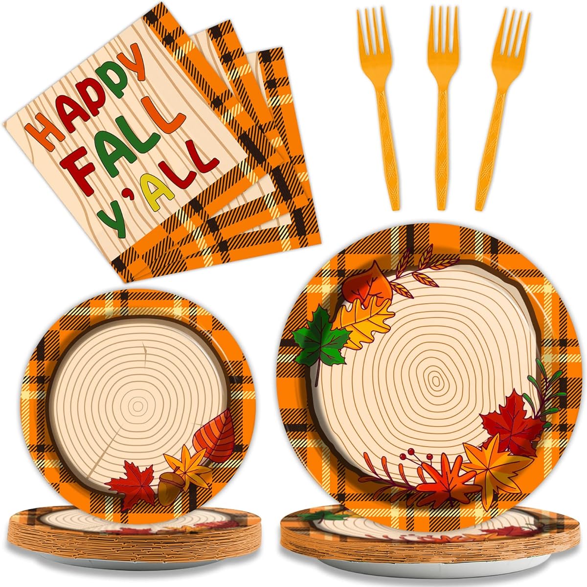96 Pieces Fall Season Birthday Party Supplies Fall Tableware Kit Disposable Plates Napkins Set Fall Plaid Decoration Thanksgiving Favors, Serves 24