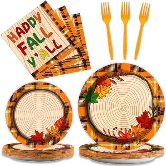 96 Pieces Fall Season Birthday Party Supplies Fall Tableware Kit Disposable Plates Napkins Set Fall Plaid Decoration Thanksgiving Favors, Serves 24