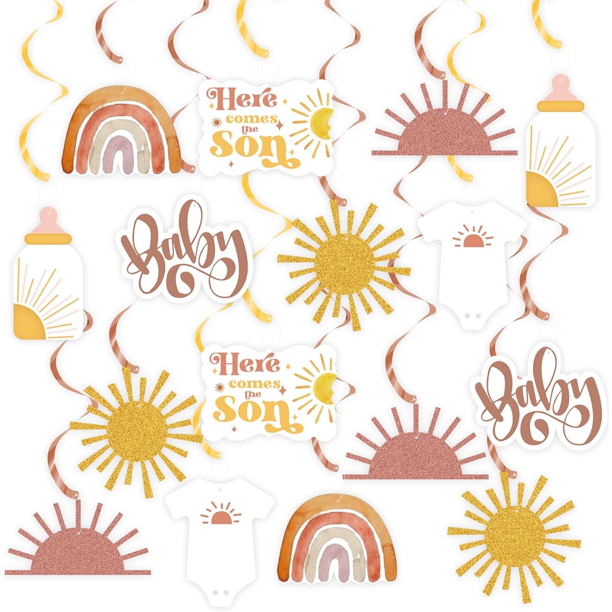 Boho Sun Party Decorations,Here Comes The Son Hanging Swirl Gold Retro Baby Shower Decorations Banner Boho Sunshine Ceiling Streamer for Boys