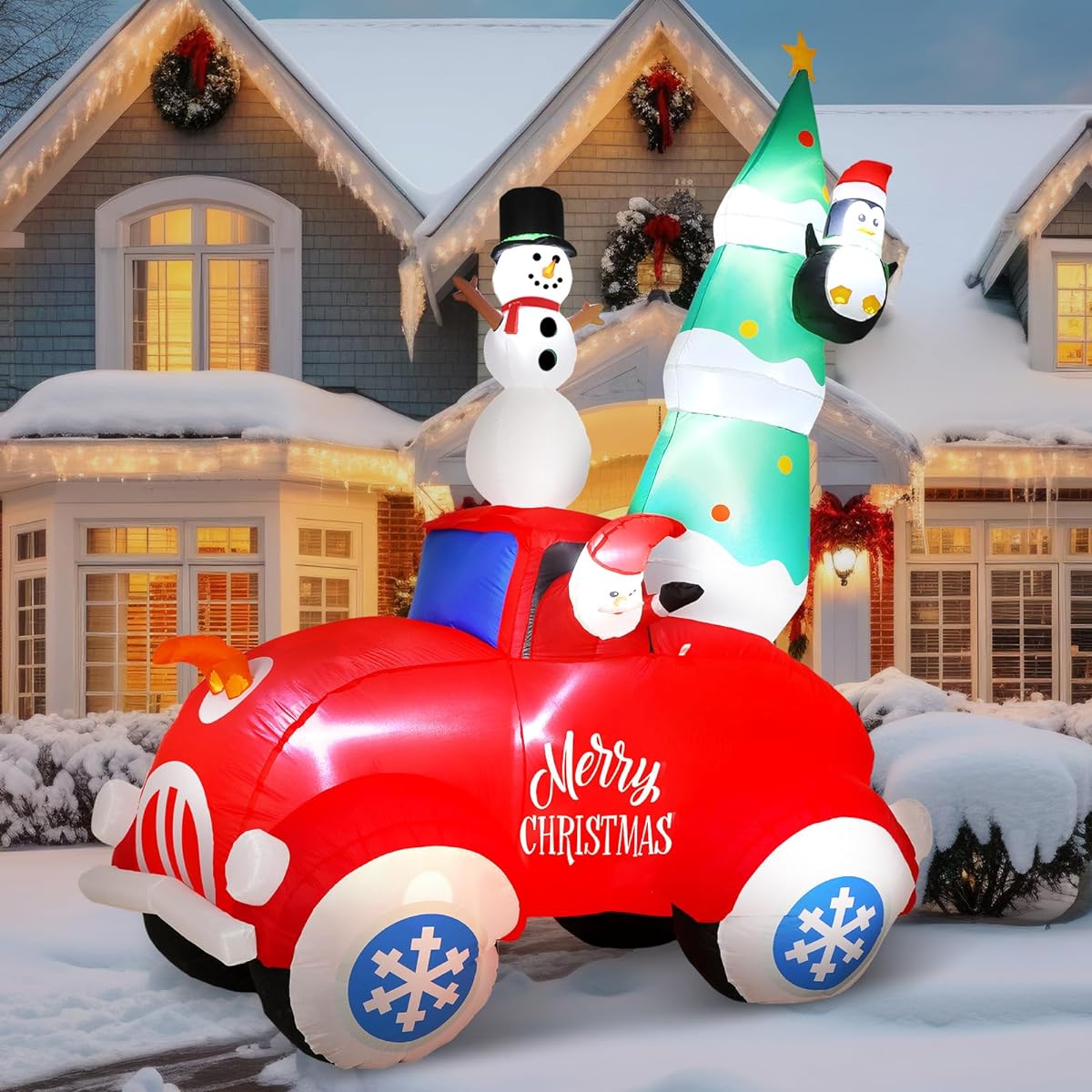 Sotiff 8ft Inflatable Santa Claus Truck Outdoor Decorations Blow Up Christmas Tree Yard LED Decorations with Snowman, Penguin, Red Truck with Built-in LEDs for Christmas Winter Holiday Patio Garden Lawn